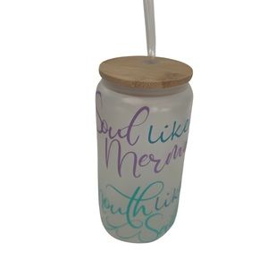 Frosted Glass can with bamboo lid and glass straw.